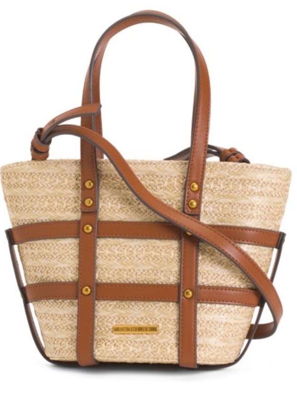 NWT Rachel Zoe Straw Woven Small Top Handle Tote Leather Trim Crossbody Wallet